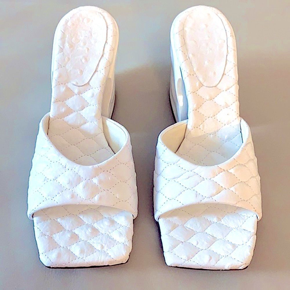 Tibi White Leather Ostrich Embossed Block Heel Sandals